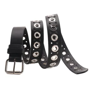 Ceinture punk en cuir noir avec double rangée d'œillets argentés et triangles