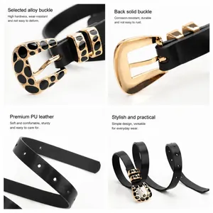 Women's leopard print belt with golden alloy buckle and premium black PU leather strap