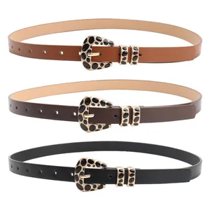 Three-pack leopard print buckle belts for women in tan, dark brown and black leather