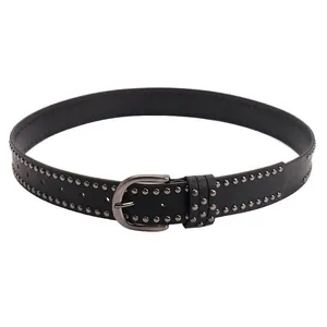Punk black leather belt with double row metal studs and silver buckle for jeans