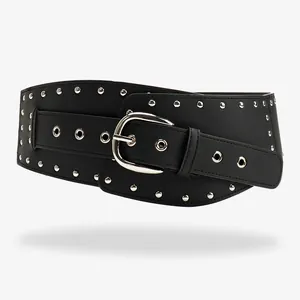 Vintage Irregular Wide Belt For Women Punk Rivet Grommet Faux Leather Waist Cinch With Alloy Buckle Decorative Jeans Strap