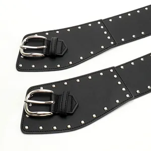 Vintage wide black leather belt with punk silver rivets and metal oval buckle