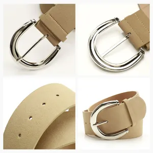 Women's vintage light khaki suede wide belt with silver horseshoe buckle in multiple views