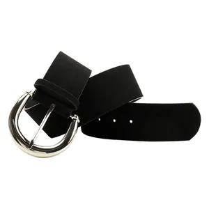 Chic black suede wide waist belt for women with a vintage silver horseshoe buckle