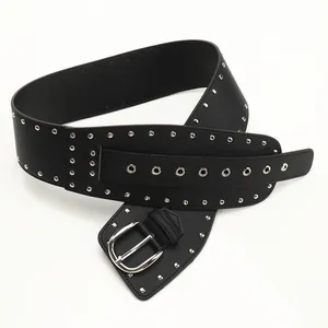 Retro punk wide black leather belt for women featuring double rows of silver rivets