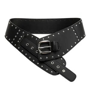 Vintage punk wide corset belt for women with silver rivets and metal buckle detail