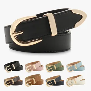 Minimalist women's thin faux leather belts with gold horseshoe buckle in 8 colors