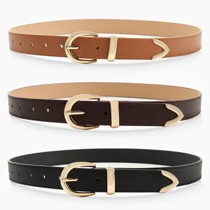 Set of three women's skinny leather belts in black, brown and coffee with gold buckles