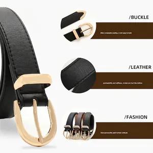 Minimalist PU leather belts for women with chic golden D-shaped alloy buckles