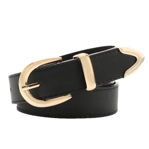 Minimalist black leather belt for women with oval gold buckle and metal tip accents