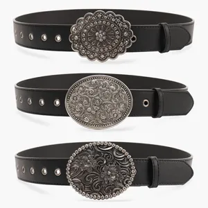 Women Vintage Bohemian Carved Belt Black PU Leather Western Cowboy Waist Belt With Rhinestone Turquoise Alloy Buckle For Jeans