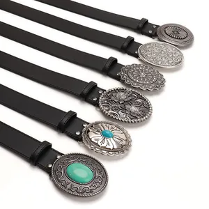 Vintage bohemian black leather belts for women with engraved buckles and turquoise stones