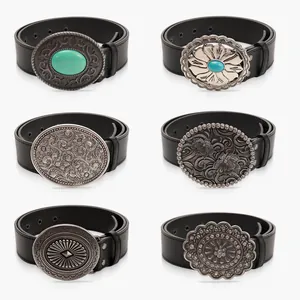 Set of vintage bohemian black belts with silver engraved buckles and turquoise stones