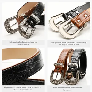 Vintage women's Y2K belts with engraved alloy buckle and crocodile texture leather