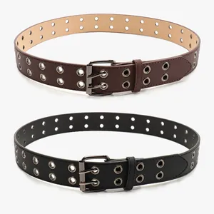 Cinture punk con doppi occhielli in pelle PU nera e marrone scuro con fibbie in metallo a doppio ardiglione