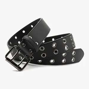 Cintura punk in pelle nera con doppi occhielli e fibbia a doppio ardiglione per jeans