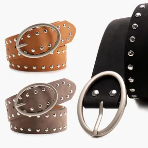 Vintage Y2K Punk PU Leather Belt For Women Double Row Rivet Waist Strap Oval Alloy Pin Buckle Fashion Jeans Accessory