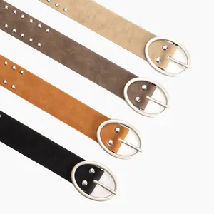 Women's faux leather belts with oval buckles and rivet details in four assorted colors