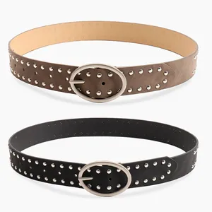 Vintage punk style leather belts for women with silver metal rivets and oval buckle