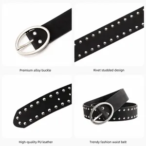 Women's black PU leather belt with silver oval buckle and double row metal rivets