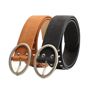 Women's faux suede belts with oval buckles and silver rivets in black and brown finishes