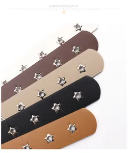 Detail showing five colors of leather belts with star-shaped metal eyelets on white background