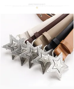 Detailed view of assorted retro star buckle leather belts in five diverse colors