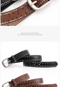 Detail of Y2K punk style leather belt with double row rivets and star cutouts