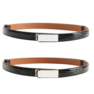 Ceinture femme en cuir gaufré crocodile noir avec boucle en métal strass en or et argent