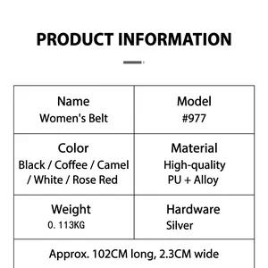 Tabella dettagliata di dimensioni e materiali per cintura in pelle PU da donna