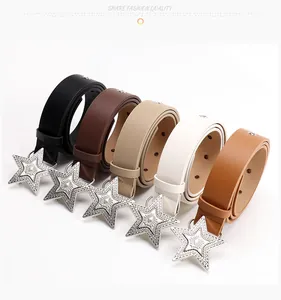 Macro detail of retro star-shaped metal buckles and leather belts in five different colors