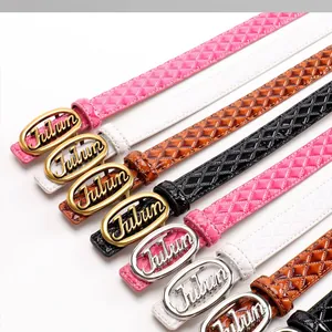 Detail view of quilted leather belts with Julun letter buckle in multiple colors