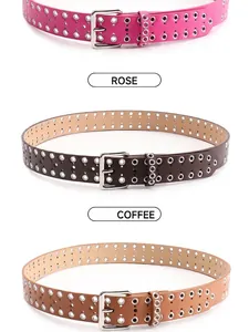 Tre cinture punk in ecopelle con doppia fila di occhielli in rosa e tonalita marroni
