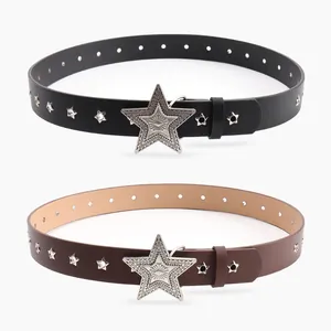 Retro punk star buckle leather belts in black and brown with metal star rivet details