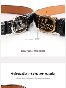 Close-up of black leather belt with diamond pattern and Julun metal oval buckle