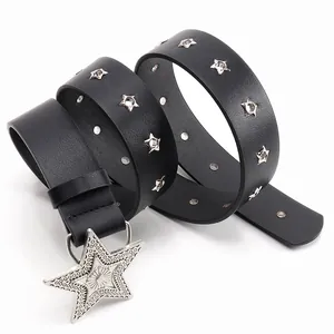 Women's black belt with silver star rivets and a metallic star-shaped buckle
