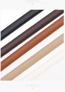 Detail van smalle leren riemen in vijf kleuren met fijne stiksels en gouden gespen