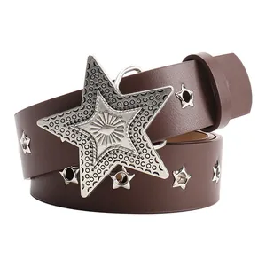 Retro brown leather belt with large silver star buckle and metal star eyelets