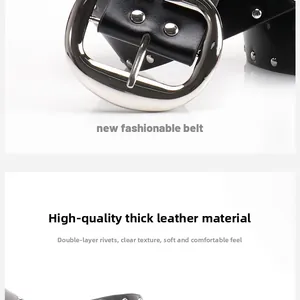 Macro detail of high-quality leather belt with double rivets and silver oval buckle