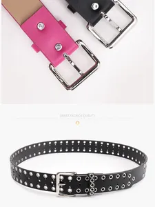 Dettaglio di cinture in pelle PU a doppio occhiello in nero e rosa con fibbie argentate