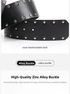 Close-up of black leather belt with silver studs and durable zinc alloy pin buckle