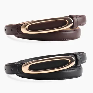 Dames Eenvoudige PU Leren Smalle Riem Met Gouden Ovalen Holle Legering Gesp Minimalistische Veelzijdige Tailleband Voor Jurken Jeans