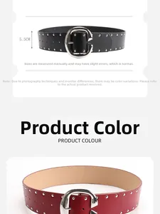Detail view of 5.5cm wide leather belts with silver rivets and large C-shaped buckles