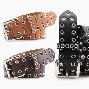 Cinture punk da donna in similpelle con doppia fila di occhielli in metallo argentato in 3 colori