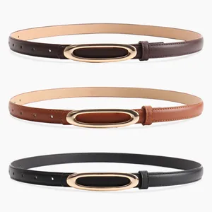 Dames smalle leren riemen set met ovale gouden metalen gespen in zwart, bruin en lichtbruin