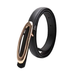 Dames smalle zwarte leren riem met elegante gouden ovale gesp voor jurken en jeans