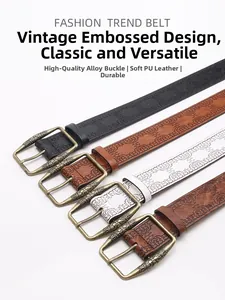Detail showing four colors of vintage embossed PU leather belts with alloy pin buckles