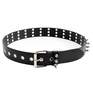 Punk gotische zwarte PU lederen riem met zilveren gesp en drie rijen metalen spikes