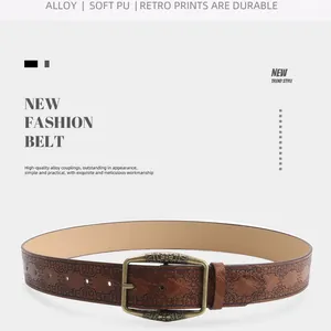Close-up of embossed soft PU leather texture and vintage bronze alloy buckle belt