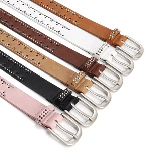 Y2K punk style faux leather belts with star cutouts and double row metal rivets in six colors